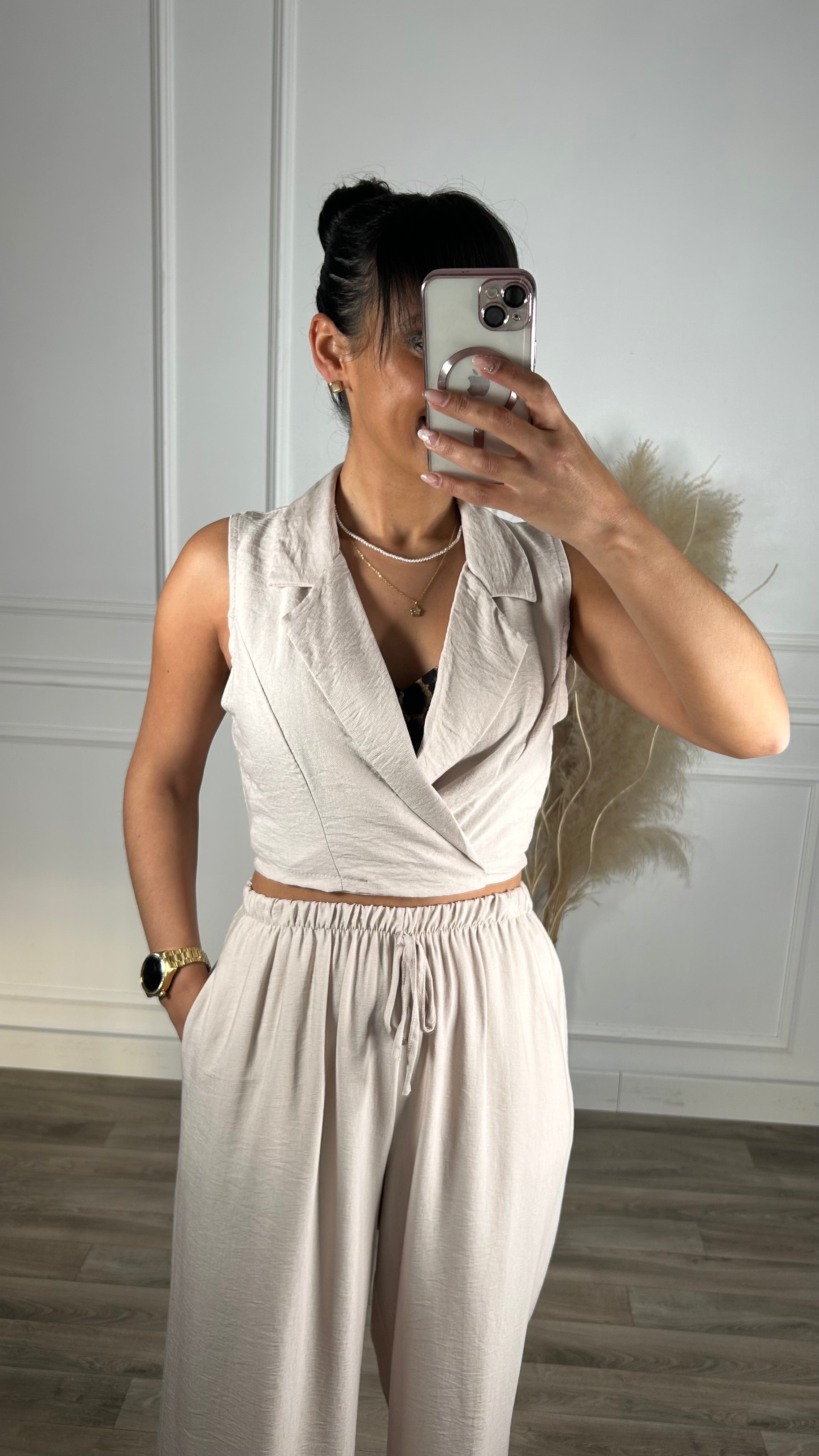 Conjunto colete de apertar + pantalona Taupe