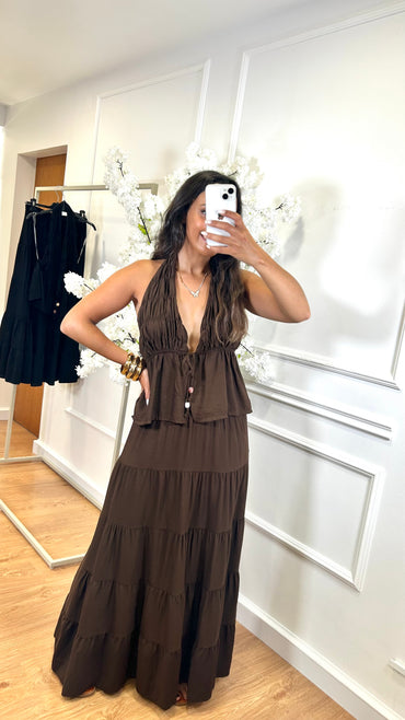 Conjunto Top + Saia em Castanho