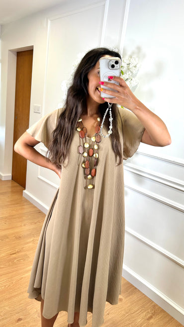 Vestido Midi oversize com folho na manga Camel