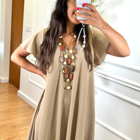 Vestido Midi oversize com folho na manga Camel