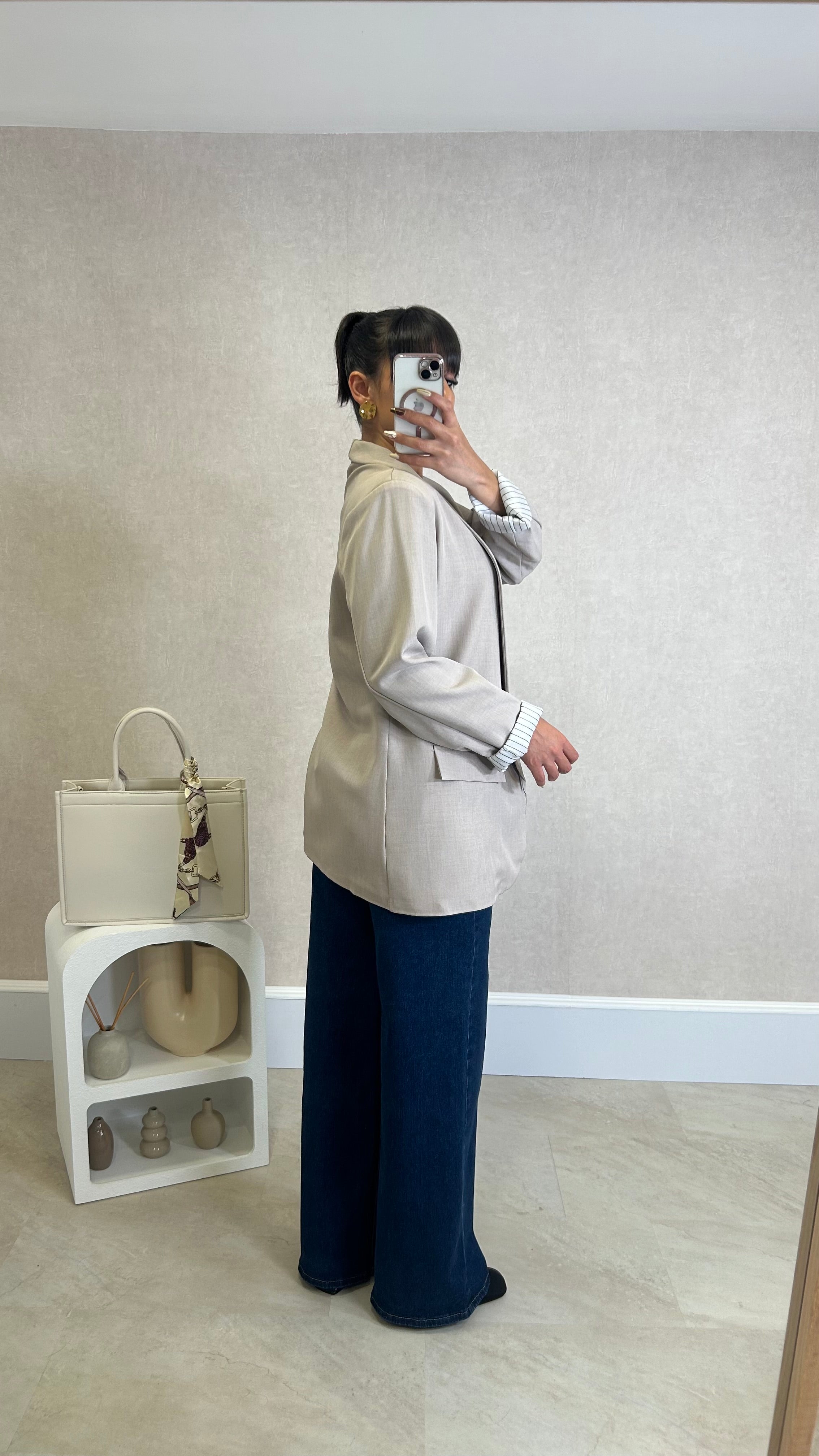 Blazer com Forro Listrado Bege
