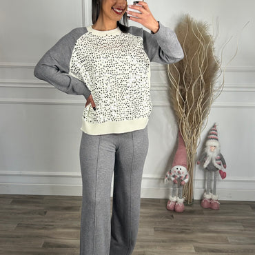 Conjunto camisola com lantejoulas + pantalona cinza