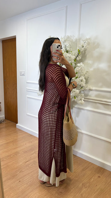 Kimono Comprido Crochet Bordo