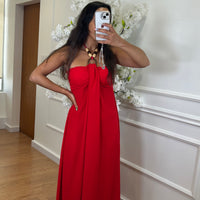 Vestido com detalhes em Madeira em  Vermelho