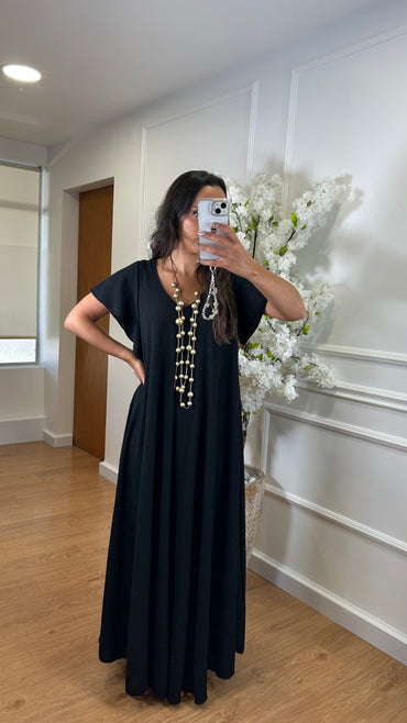 Vestido oversize com folho na manga em Preto