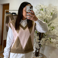 Colete Malha Losangos Rosa e Camel