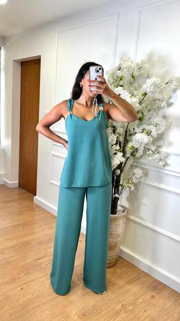 Conjunto Blusa + Pantalona Azul Petroleo