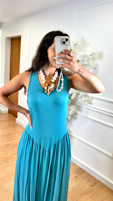 Vestido Cintura Cinderela Azul Turquesa