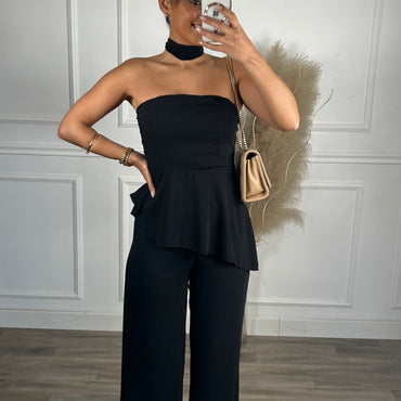 Conjunto Top Assimétrico + Pantalona Preto