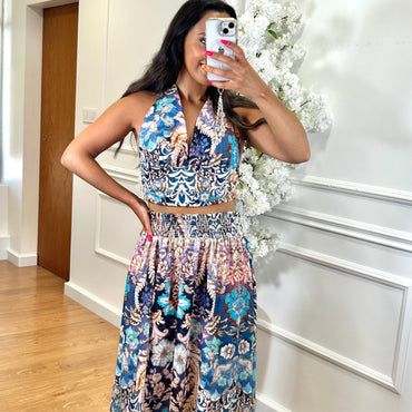 Conjunto Top + Saia com estampado em Azul