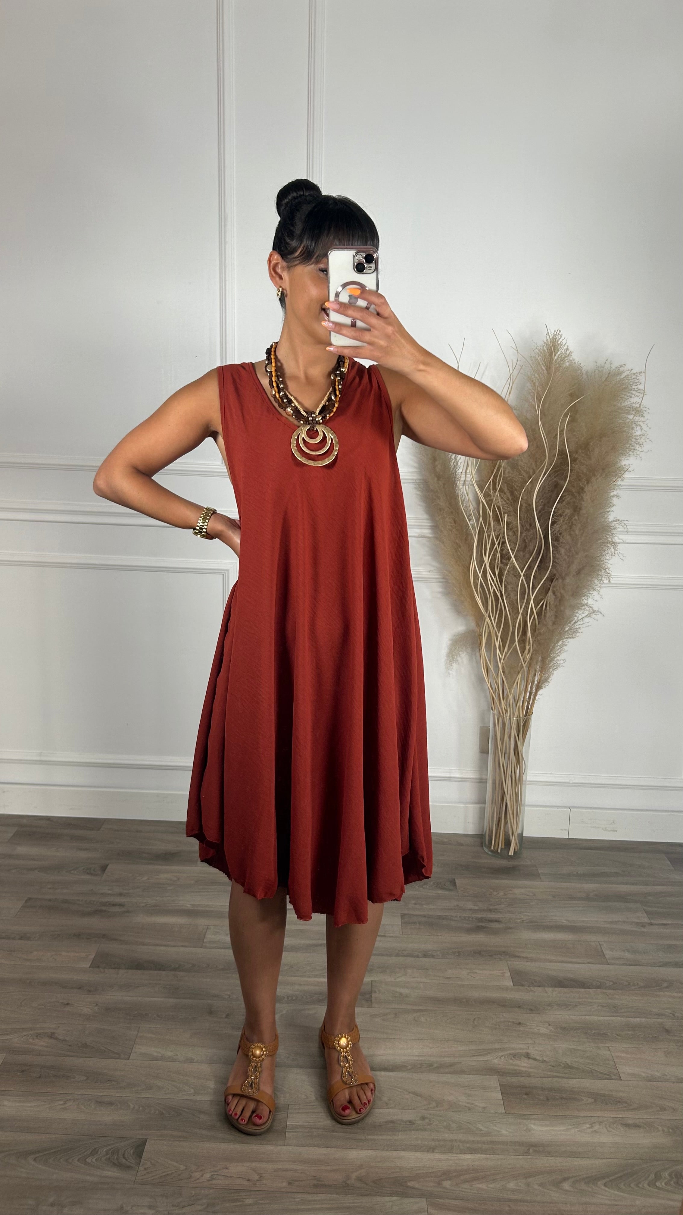 Vestido oversize de alças larga Midi Tijolo