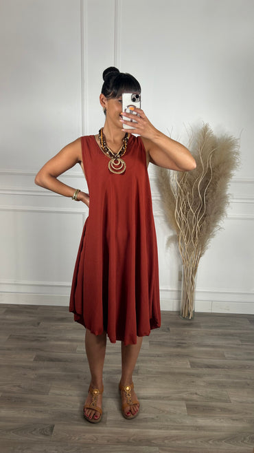 Vestido oversize de alças larga Midi Tijolo