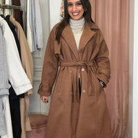 Casaco de Fazenda Comprido Texturado Castanho