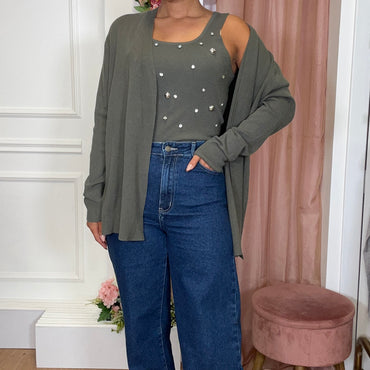 Conjunto Top com brilhos + Casaco Verde Seco
