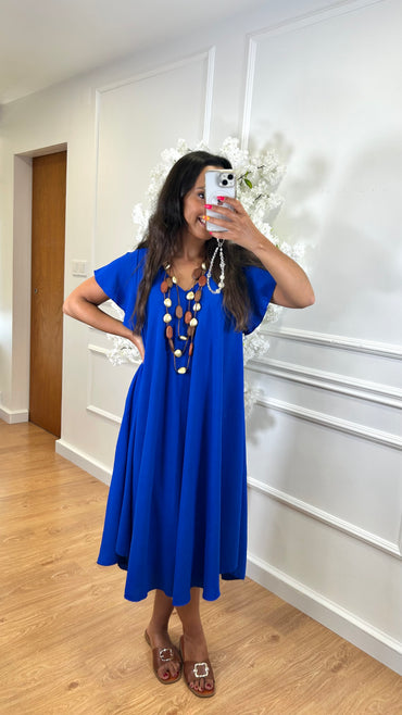 Vestido Midi oversize com folho na manga Azulão