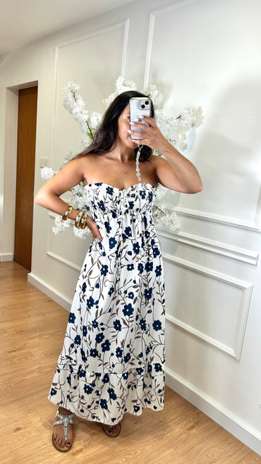 Vestido Cai-Cai com flores Azul Marinho