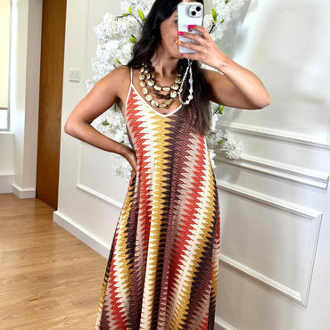 Vestido Zig Zag com fio dourado em Laranja