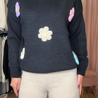Camisola malha com flores 3D Preta