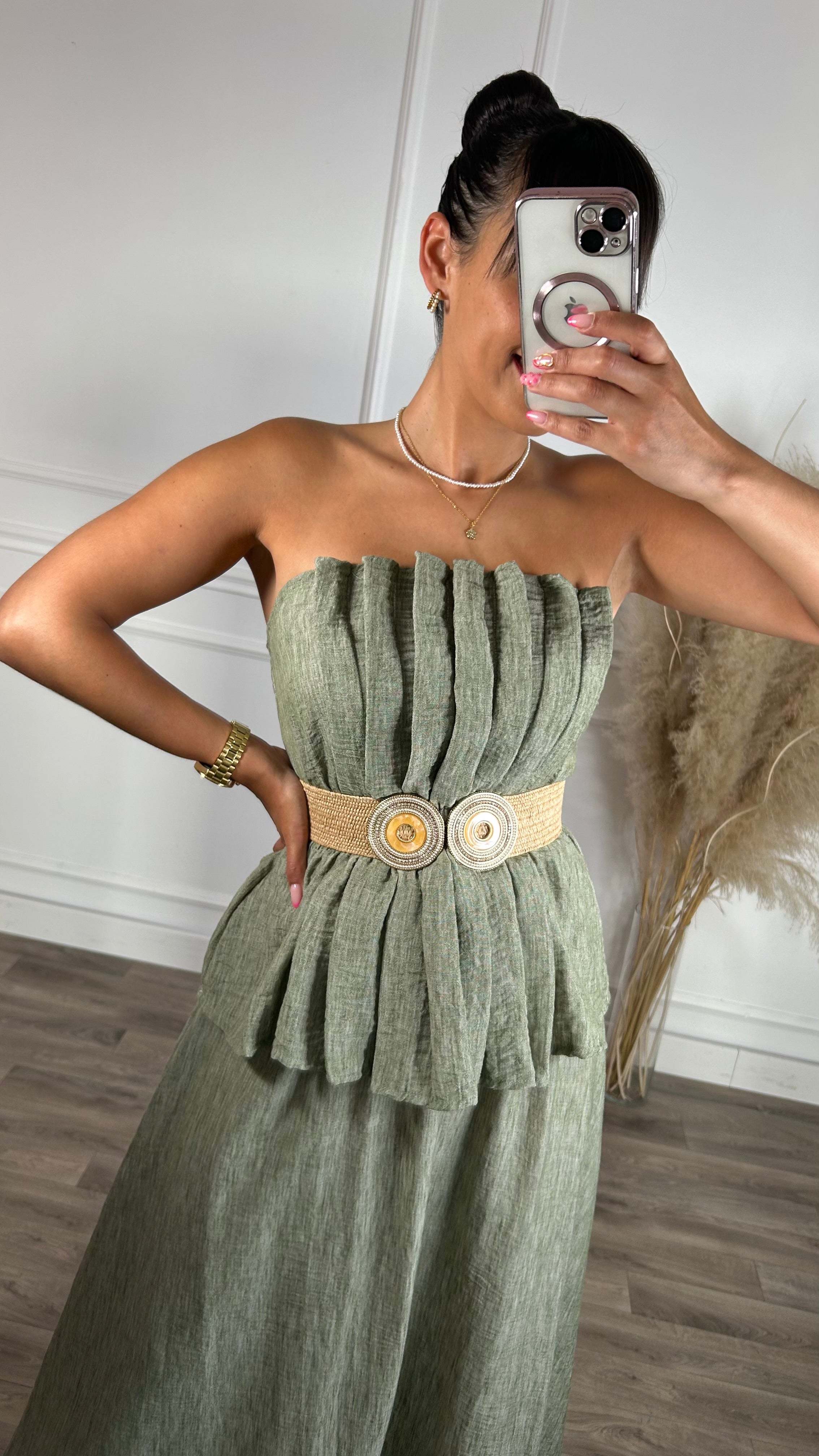 Conjunto saia + top repuxado verde seco
