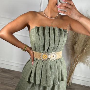 Conjunto saia + top repuxado verde seco