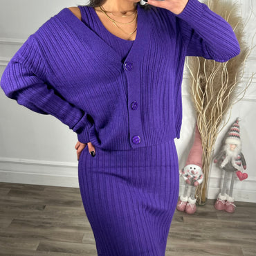 Conjunto cardigan + vestido roxo