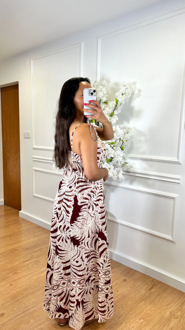 Vestido Acetinado Indiano Bege com cornucopias em Bordo