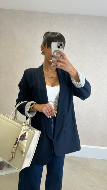 Blazer com Forro Listrado Azul Marinho