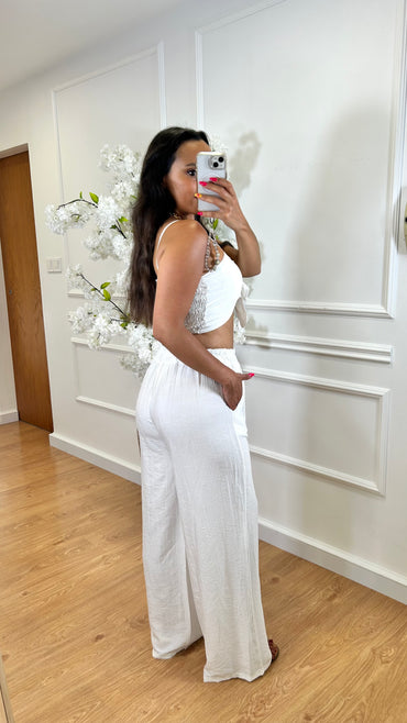 Conjunto top com laço + Pantalona Branco