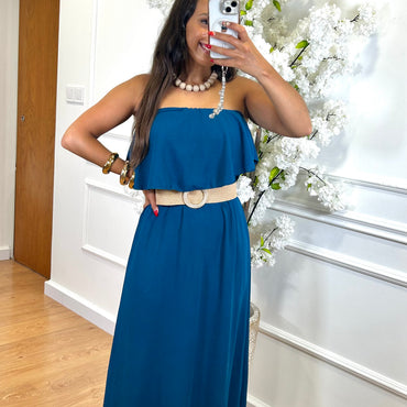 Vestido Com folho em Azul Petroleo