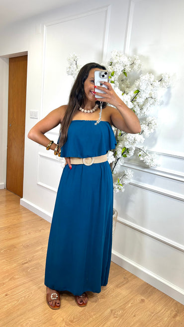 Vestido Com folho em Azul Petroleo