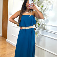 Vestido Com folho em Azul Petroleo