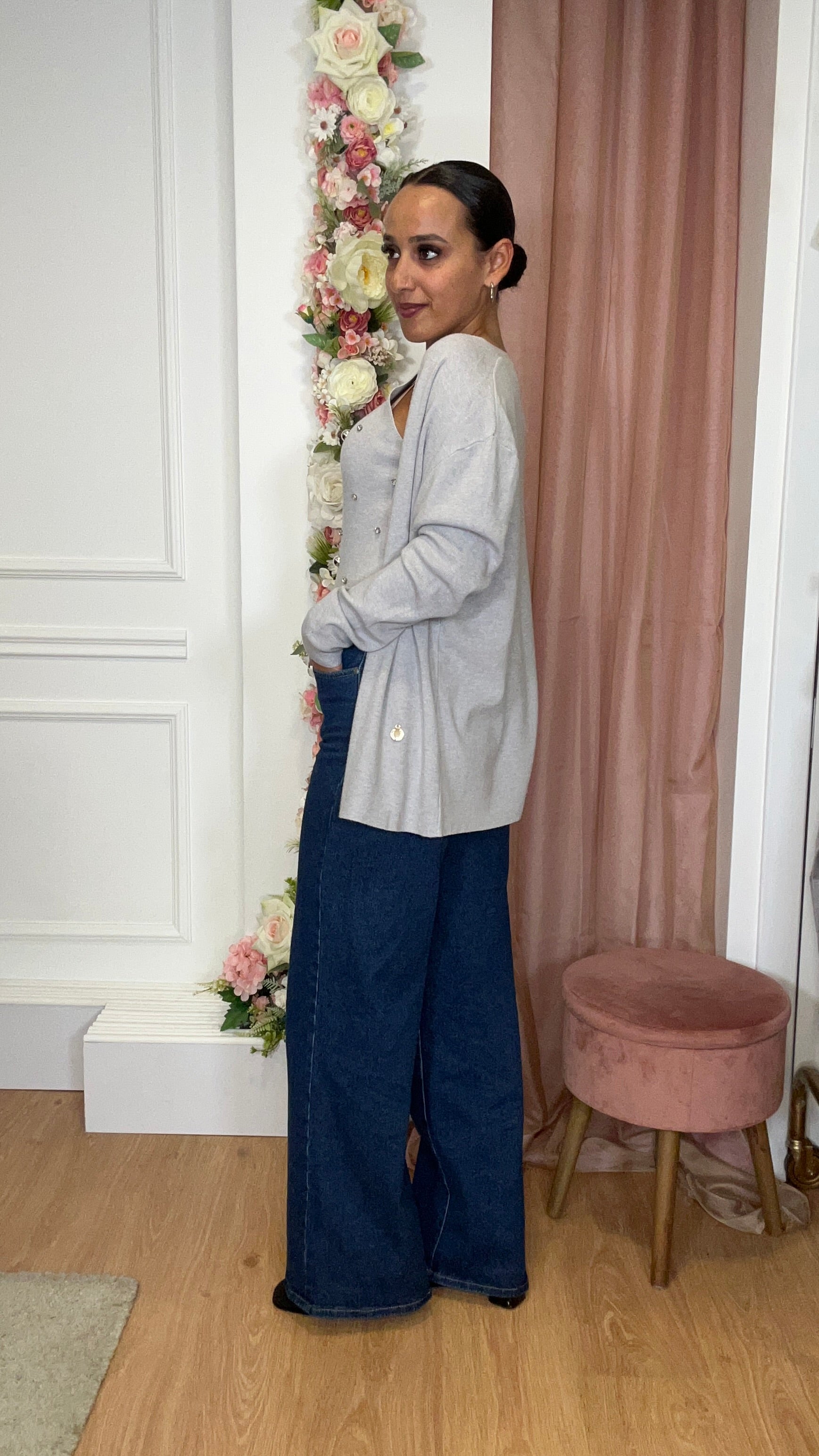 Conjunto Top com brilhos + Casaco Cinza