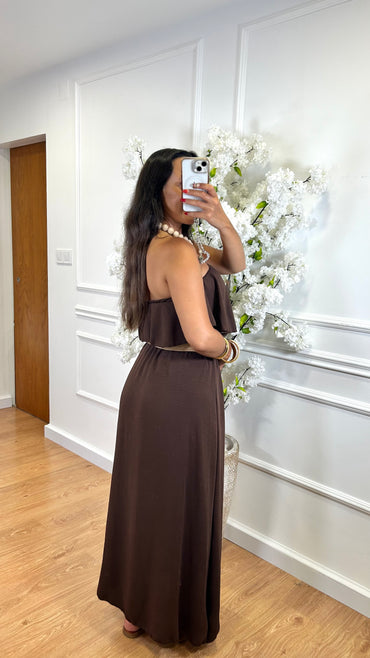 Vestido Com folho em Castanho
