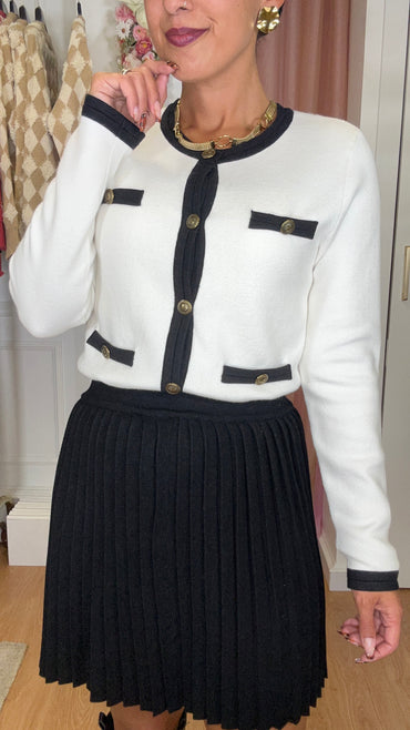 Conjunto Cardigan + Top 2 cores Branco com Preto