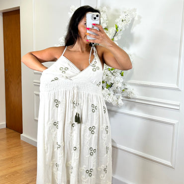 Vestido Indiano de Algodão com flores em Verde Seco