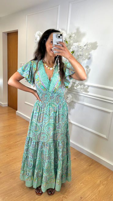 Vestido Indiano Com Manga Verde Água