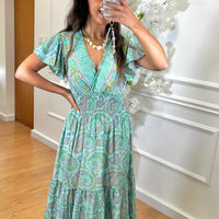 Vestido Indiano Com Manga Verde Água