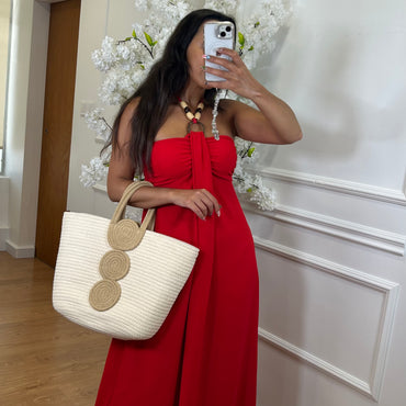 Vestido com detalhes em Madeira em  Vermelho