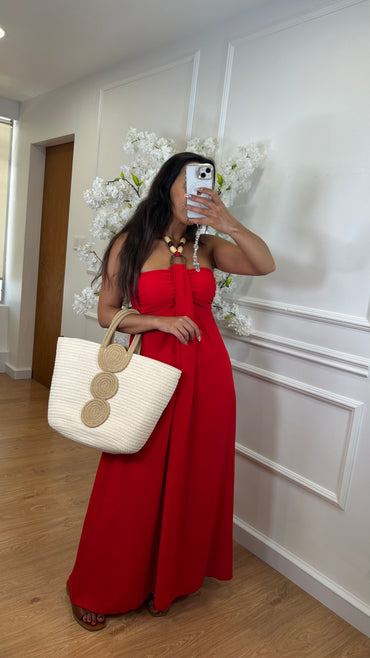 Vestido com detalhes em Madeira em  Vermelho