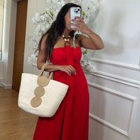 Vestido com detalhes em Madeira em  Vermelho