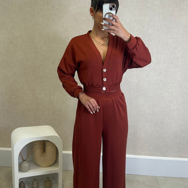 Conjunto Blusa com botões dourados+ Pantalona Tijolo