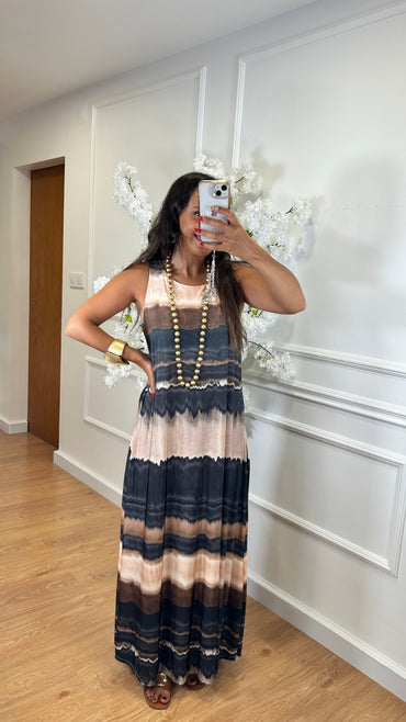 Vestido Malha Fria comprido estampado Preto