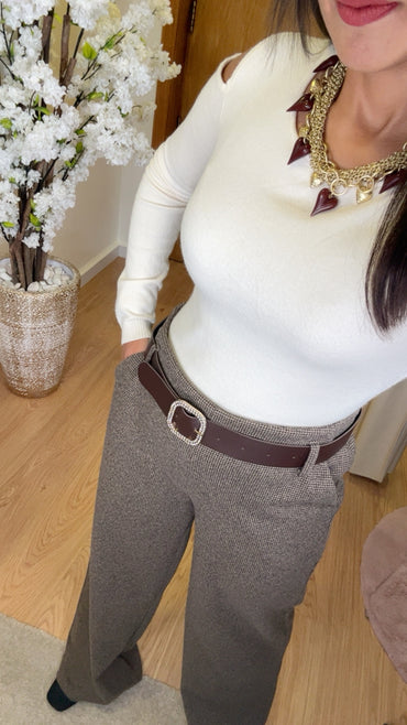 Calça Fazenda Pied de Poule com cinto Castanho Escuro