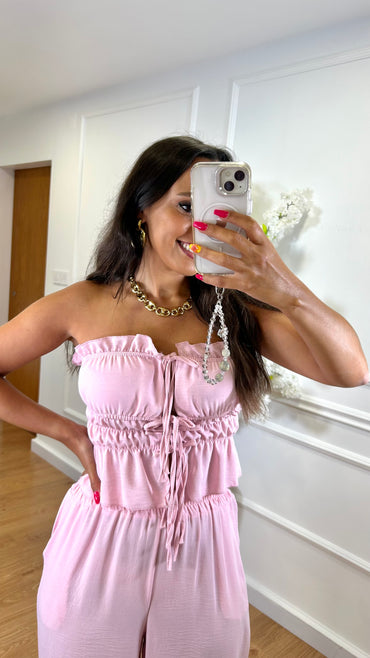Conjunto top com laço + Pantalona Rosa