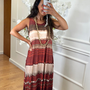 Vestido Malha Fria comprido estampado Tijolo