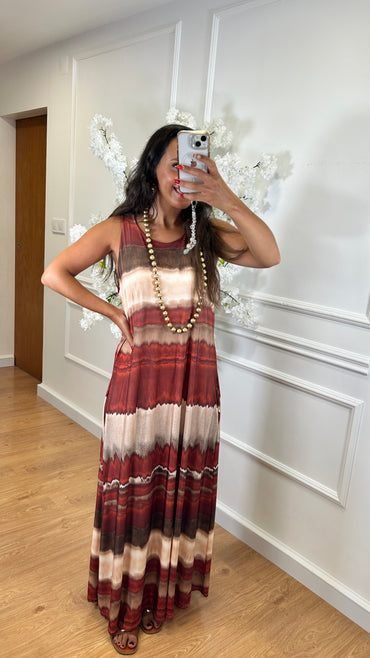 Vestido Malha Fria comprido estampado Tijolo