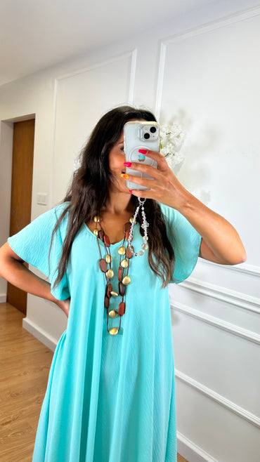 Vestido Midi oversize com folho na manga Turquesa