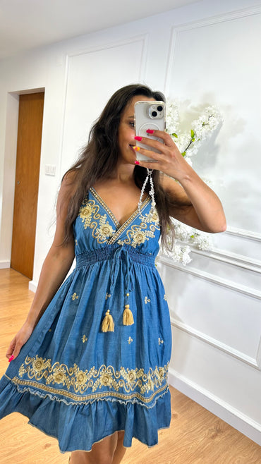 Vestido "Ganga" 100% Algodao com flores camel
