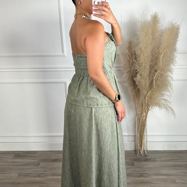 Conjunto saia + top repuxado verde seco