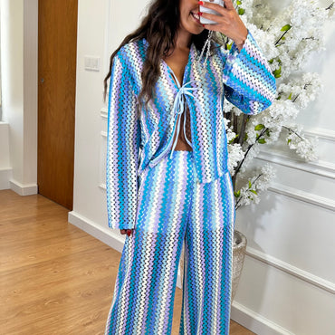 Conjunto Cardigan + Pantalona de Rede em Azul e lilas